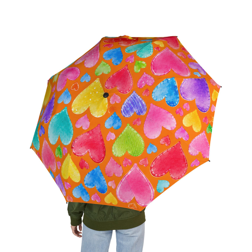 Colorful Heart Print Foldable Umbrella — Semi-Automatic Travel Rain Sun Umbrella