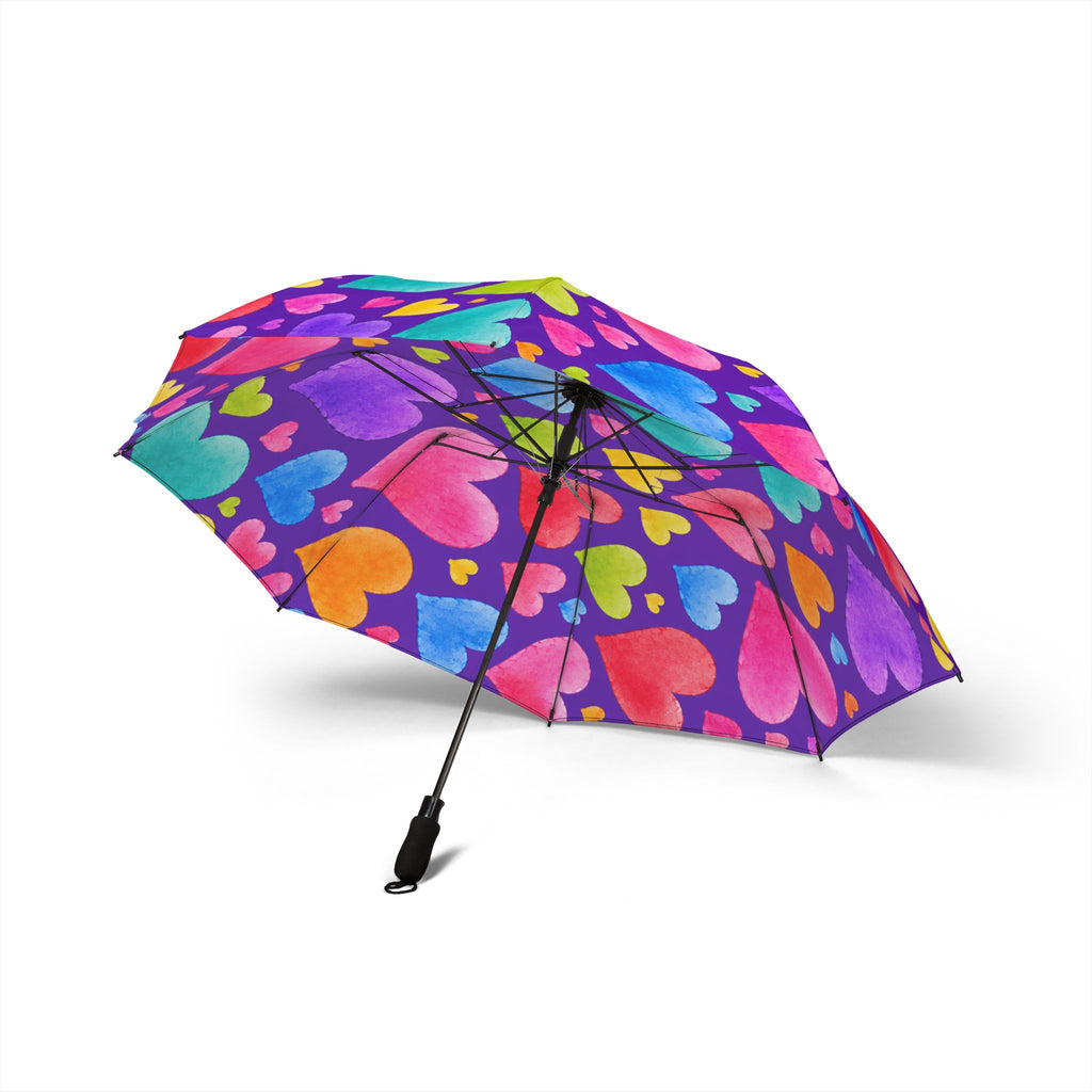 Foldable Umbrella – Colorful Watercolor Hearts Print, Compact Semi‑Automatic Rain Umbrella