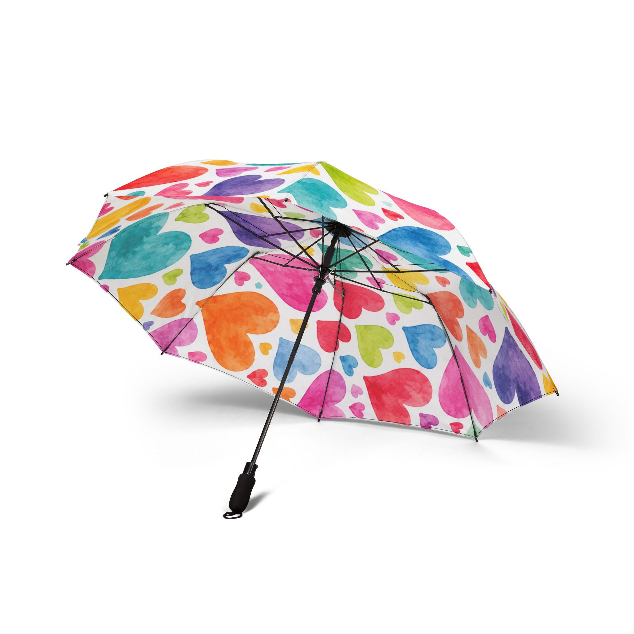 Foldable Umbrella – Colorful Watercolor Hearts Semi-Automatic Travel Umbrella
