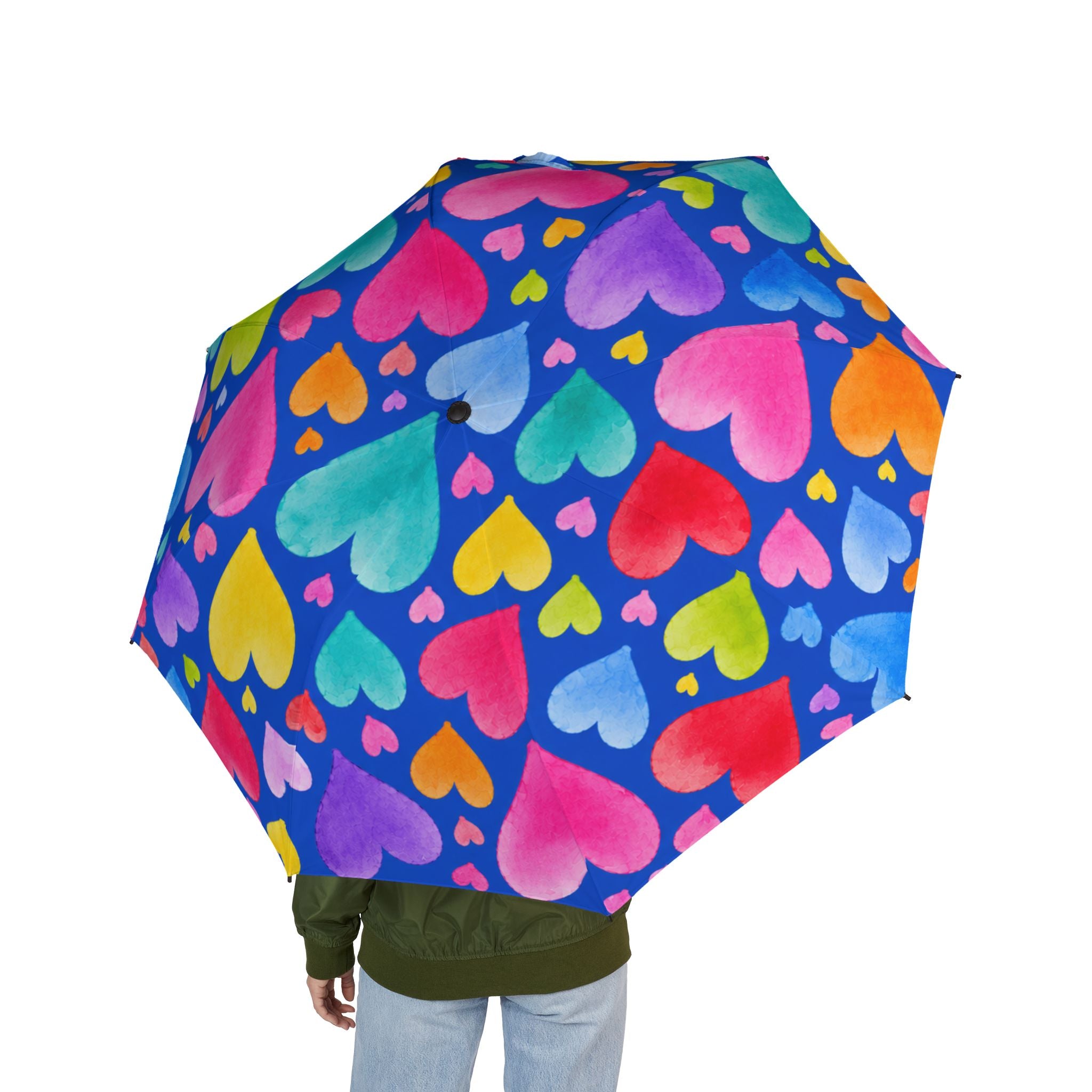 Compact Foldable Umbrella — Colorful Heart Print Semi-Automatic Travel Umbrella