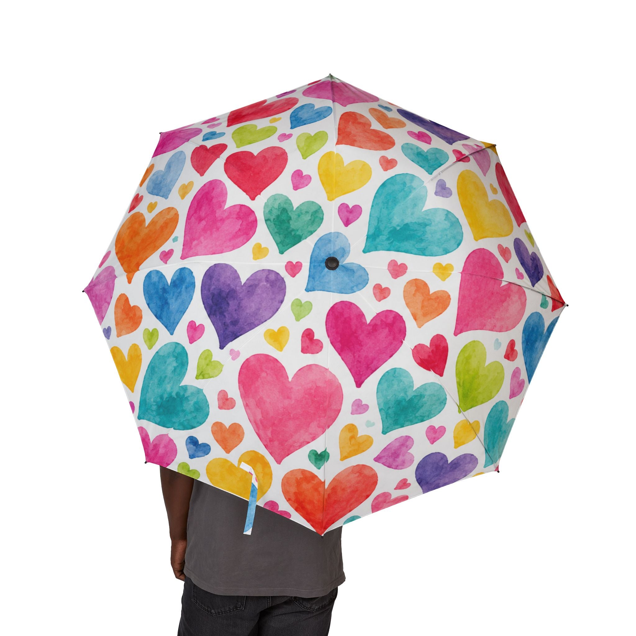 Foldable Umbrella – Colorful Watercolor Hearts Semi-Automatic Travel Umbrella