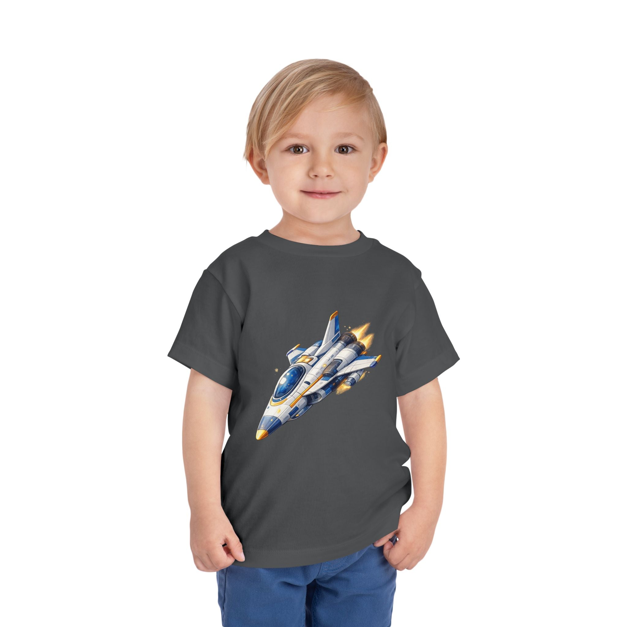 Toddler Tee — Blue & Yellow Spaceship Rocket Graphic