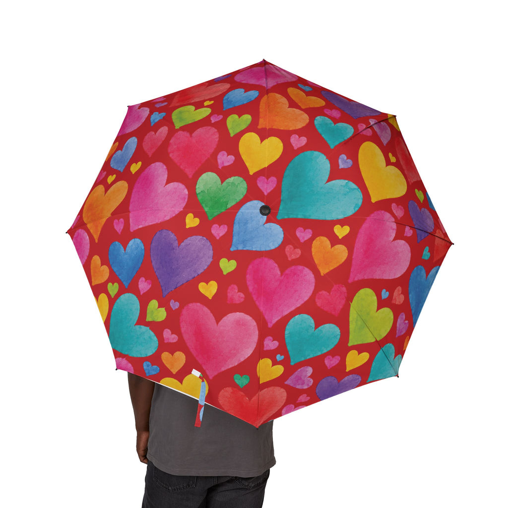Foldable Umbrella — Colorful Heart Pattern Semi-Automatic Compact Umbrella for Rainy Days, Travel & Gifts