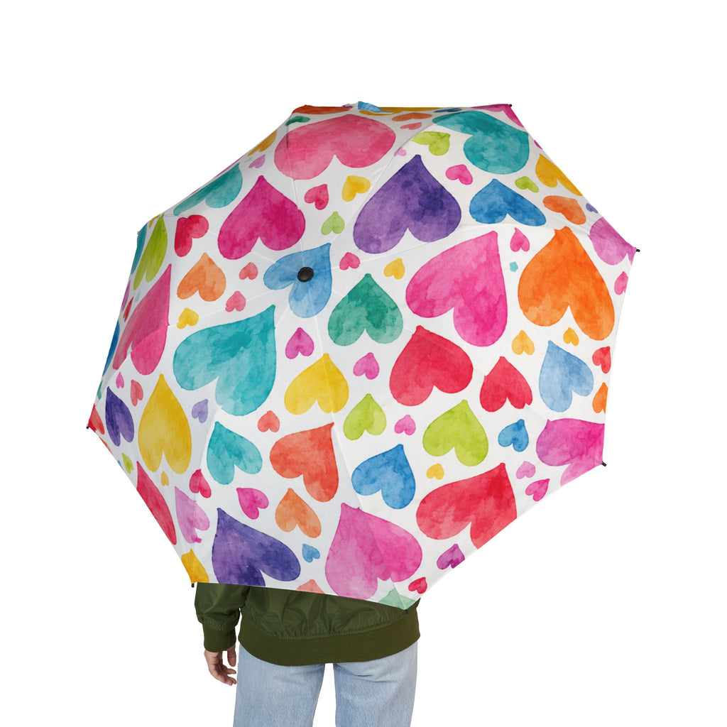 Foldable Umbrella – Colorful Watercolor Hearts Semi-Automatic Travel Umbrella