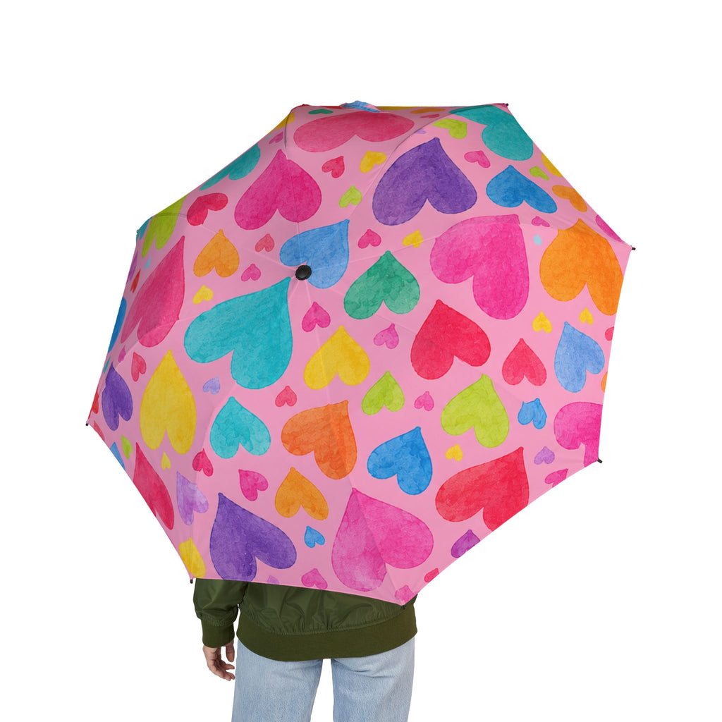 Foldable Umbrella — Colorful Watercolor Heart Print Compact Travel Umbrella