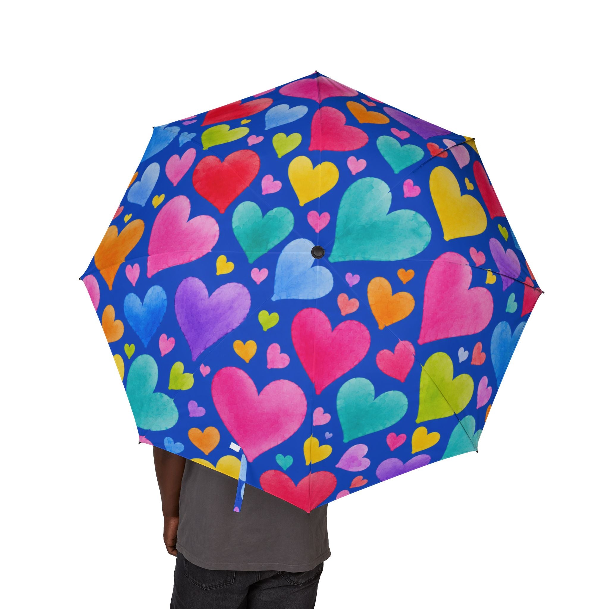 Compact Foldable Umbrella — Colorful Heart Print Semi-Automatic Travel Umbrella