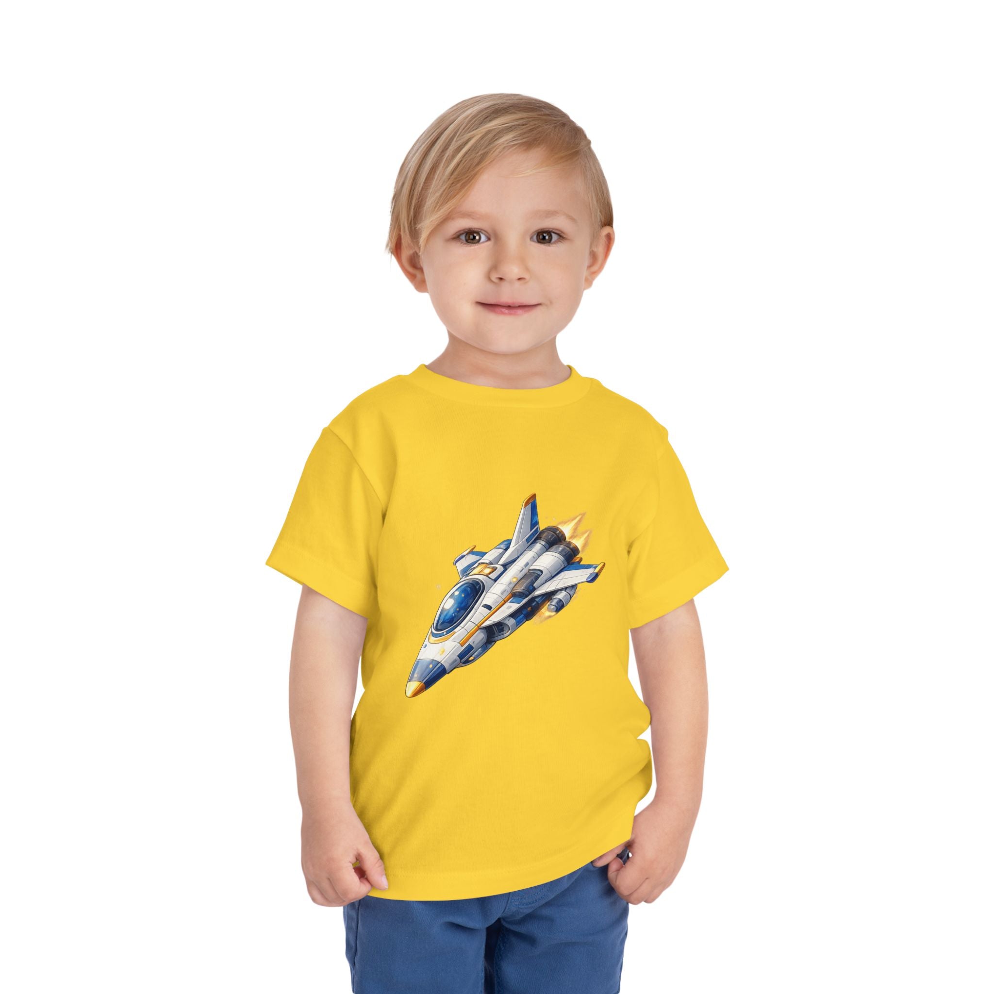 Toddler Tee — Blue & Yellow Spaceship Rocket Graphic