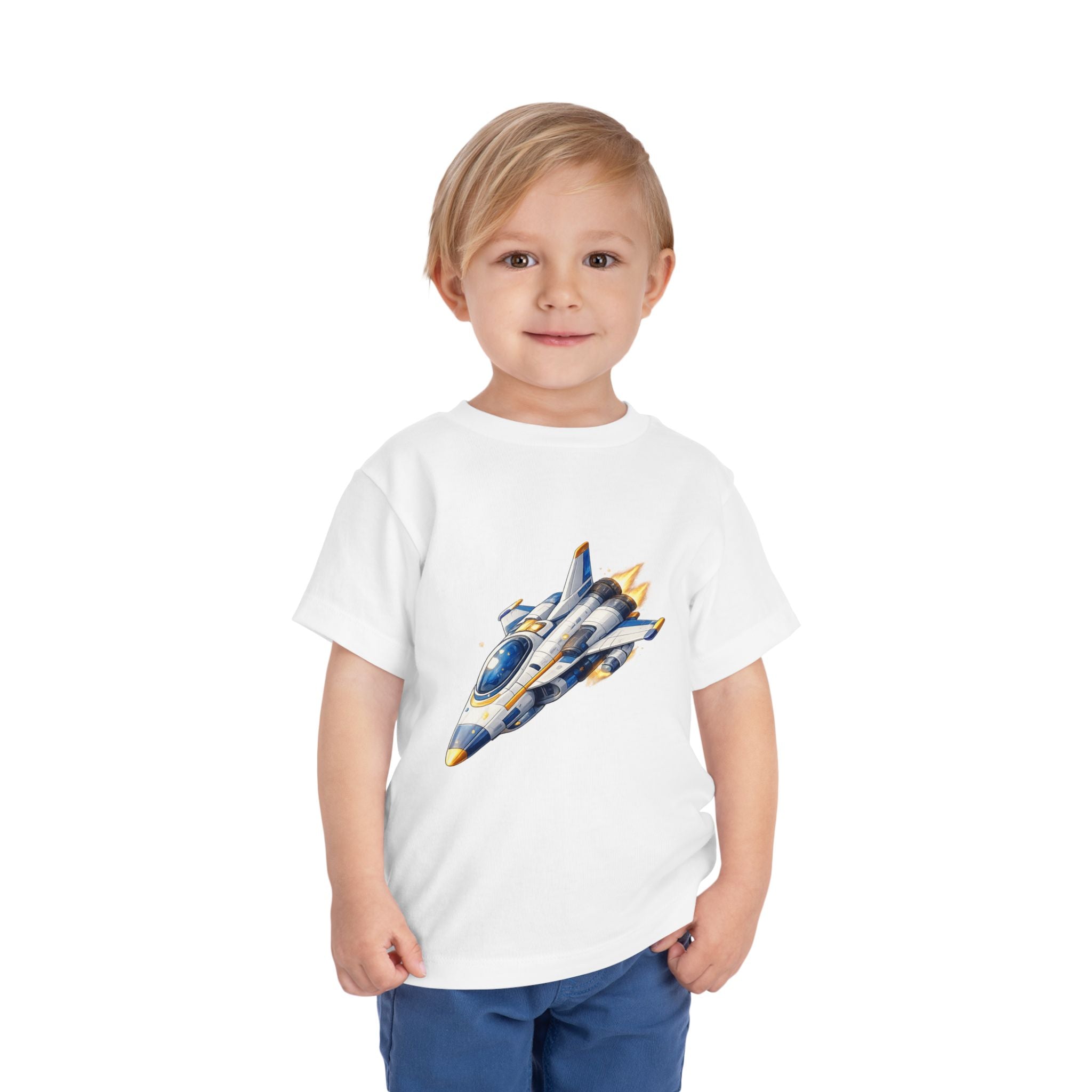 Toddler Tee — Blue & Yellow Spaceship Rocket Graphic