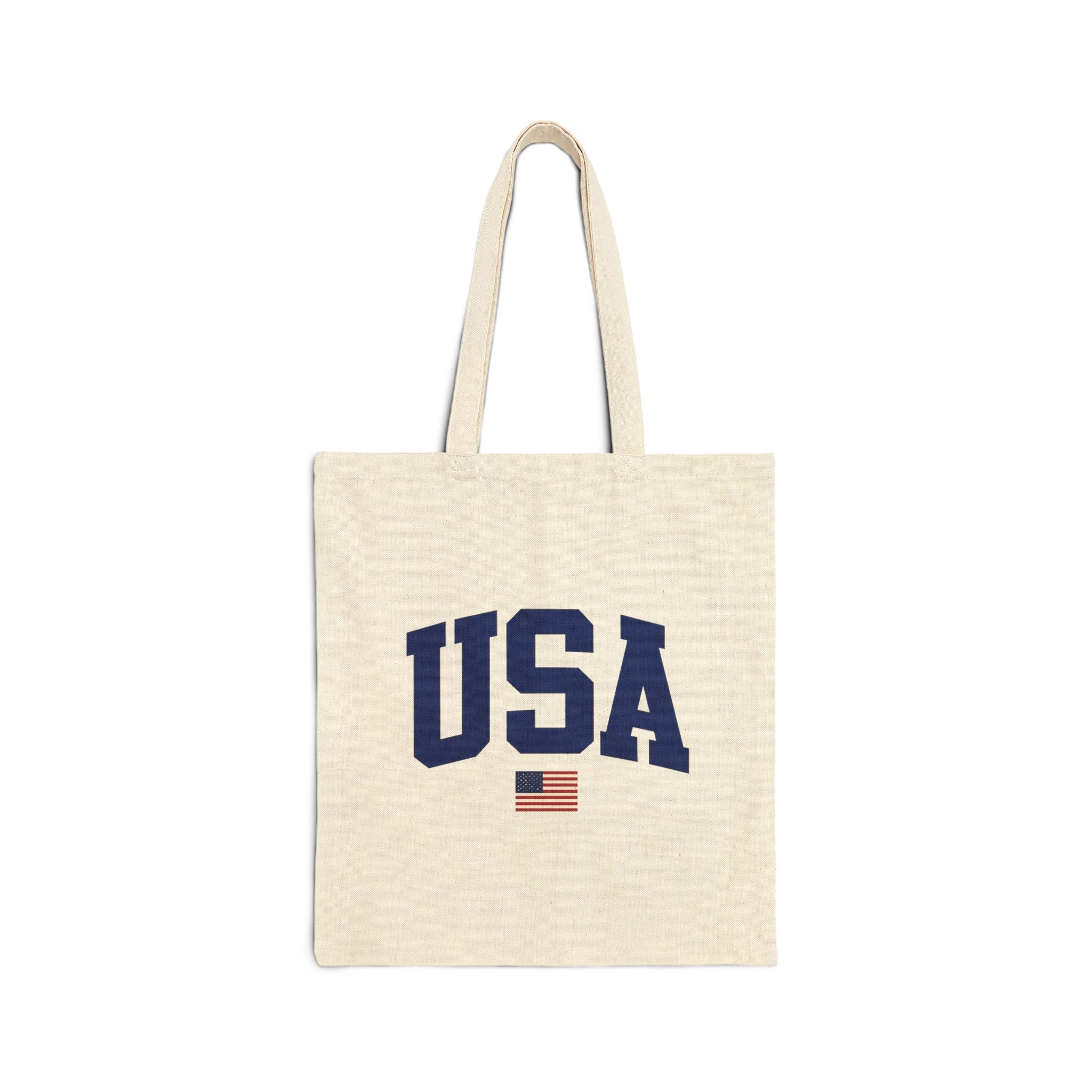 USA Canvas Tote Bag — Patriotic Cotton Grocery & Beach Tote with American Flag