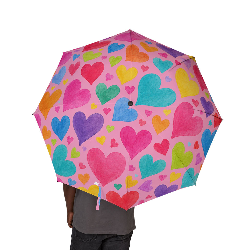 Foldable Umbrella — Colorful Watercolor Heart Print Compact Travel Umbrella