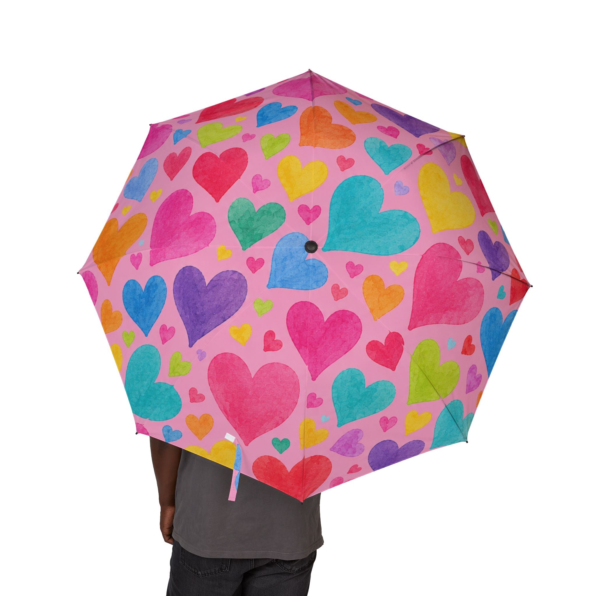 Foldable Umbrella — Colorful Watercolor Heart Print Compact Travel Umbrella