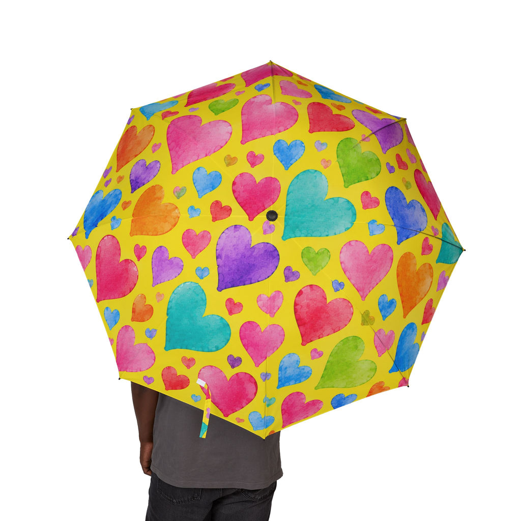Foldable Umbrella — Colorful Watercolor Hearts Rain Umbrella