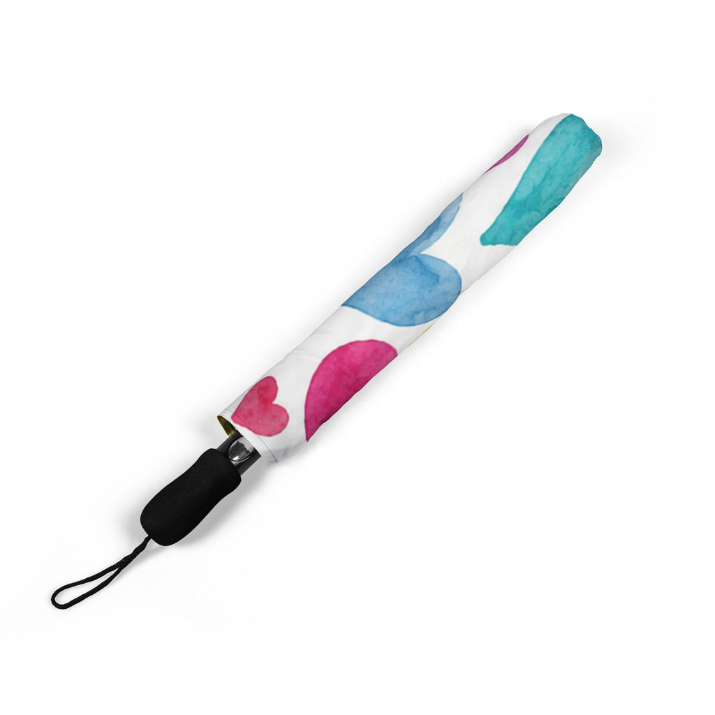 Foldable Umbrella – Colorful Watercolor Hearts Semi-Automatic Travel Umbrella