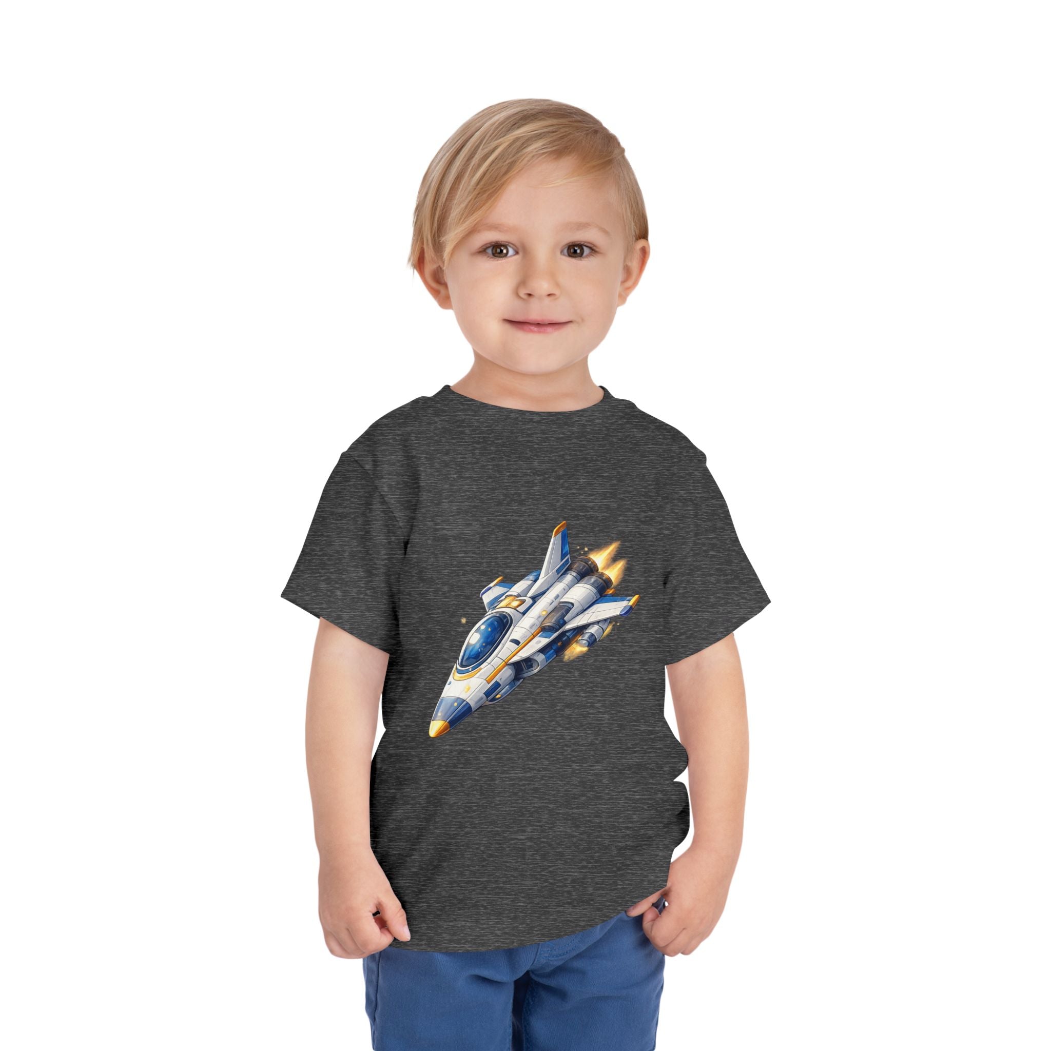 Toddler Tee — Blue & Yellow Spaceship Rocket Graphic