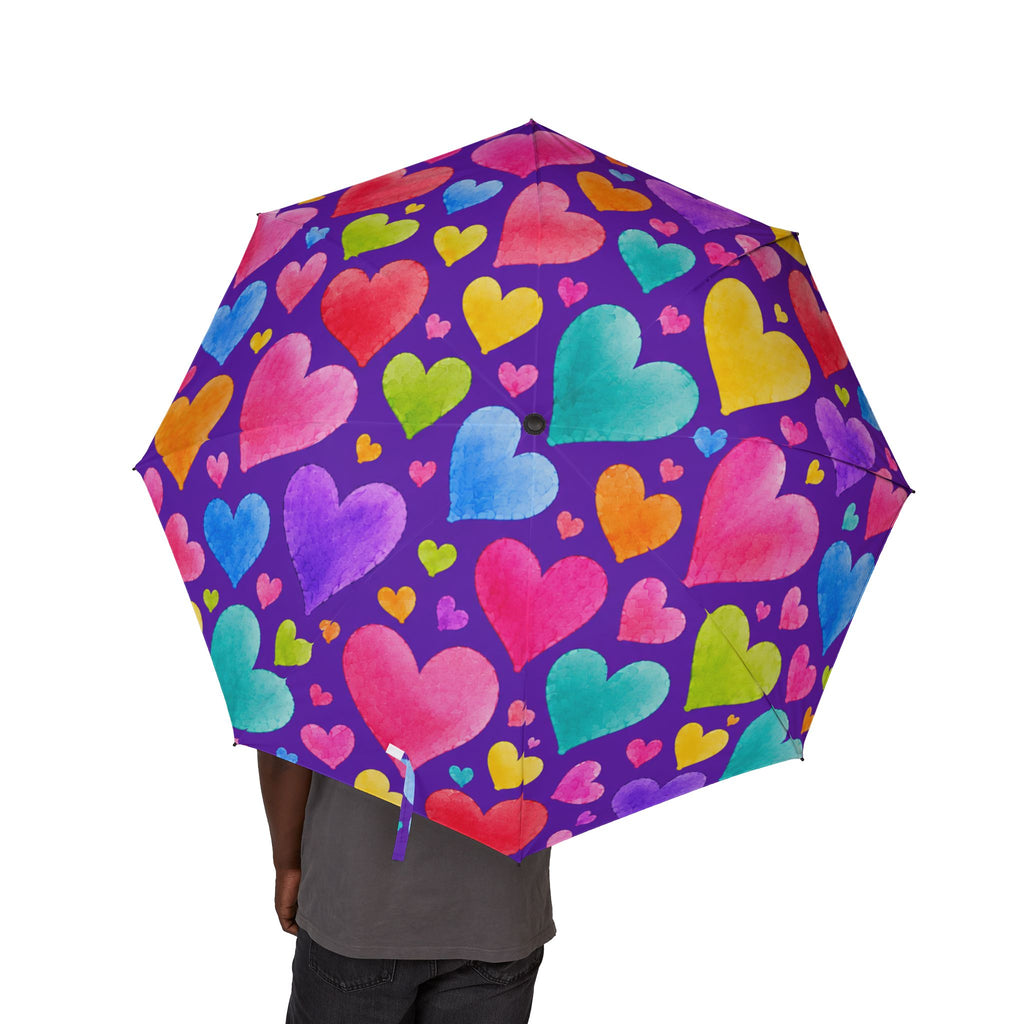Foldable Umbrella – Colorful Watercolor Hearts Print, Compact Semi‑Automatic Rain Umbrella