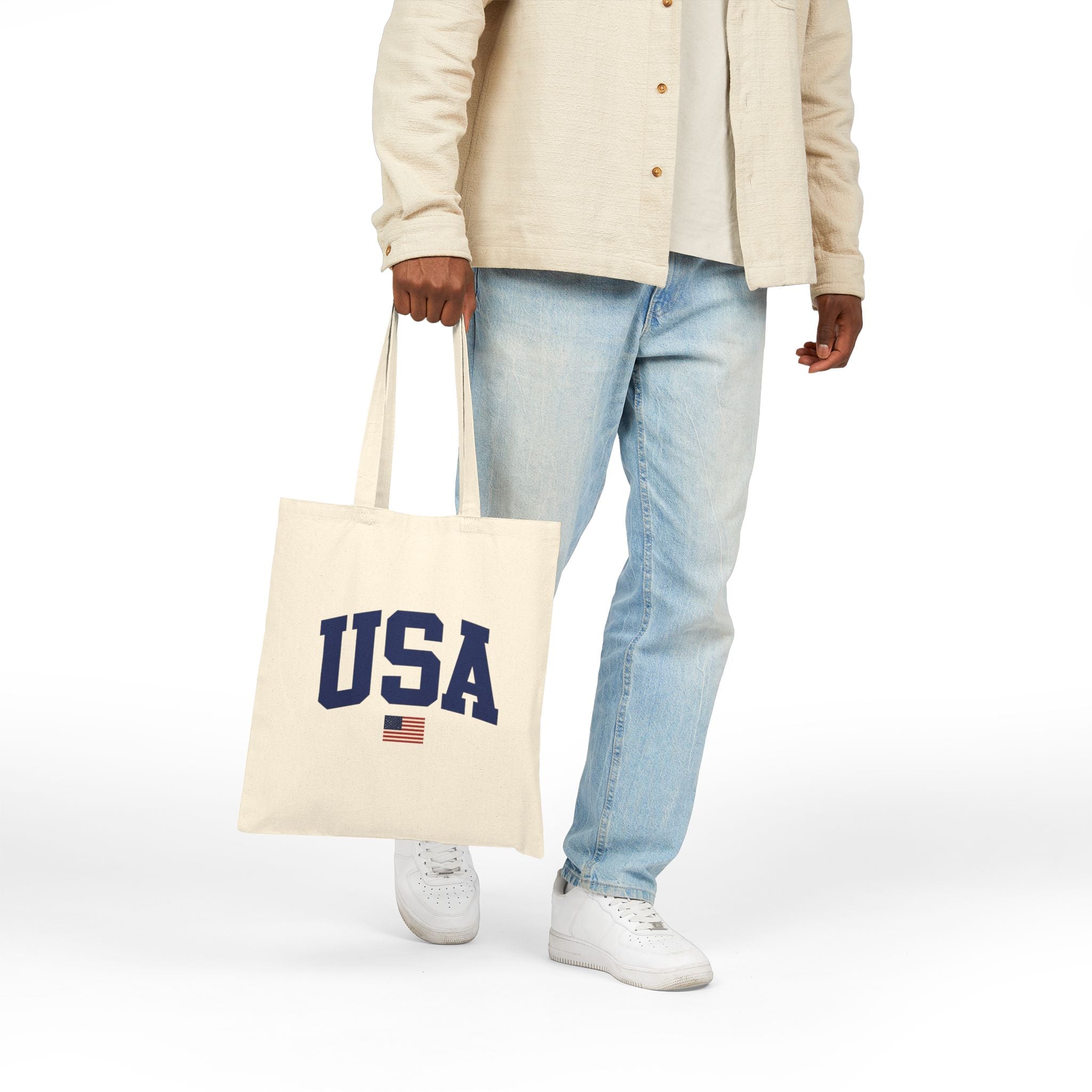 USA Canvas Tote Bag — Patriotic Cotton Grocery & Beach Tote with American Flag