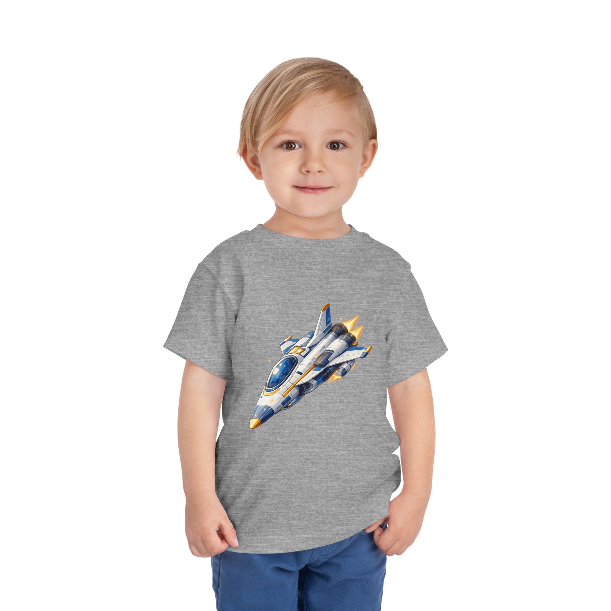 Toddler Tee — Blue & Yellow Spaceship Rocket Graphic