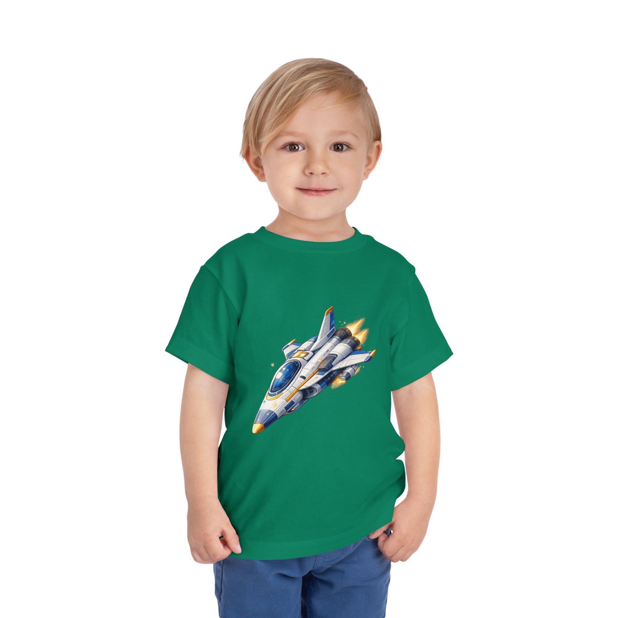 Toddler Tee — Blue & Yellow Spaceship Rocket Graphic
