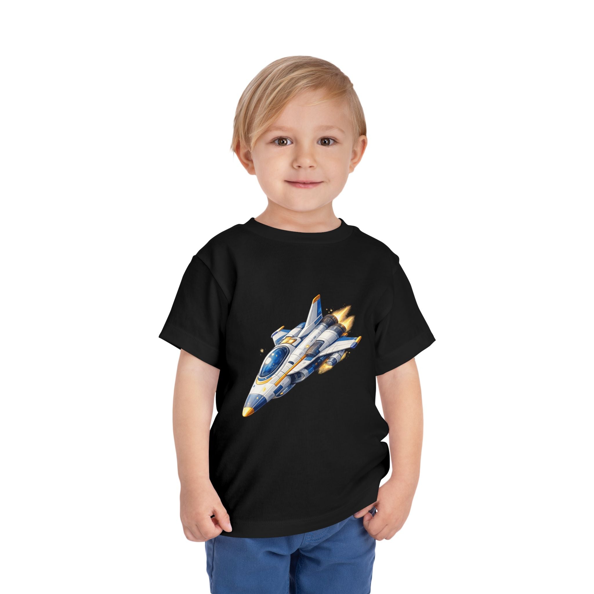 Toddler Tee — Blue & Yellow Spaceship Rocket Graphic