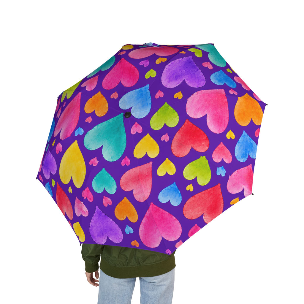 Foldable Umbrella – Colorful Watercolor Hearts Print, Compact Semi‑Automatic Rain Umbrella
