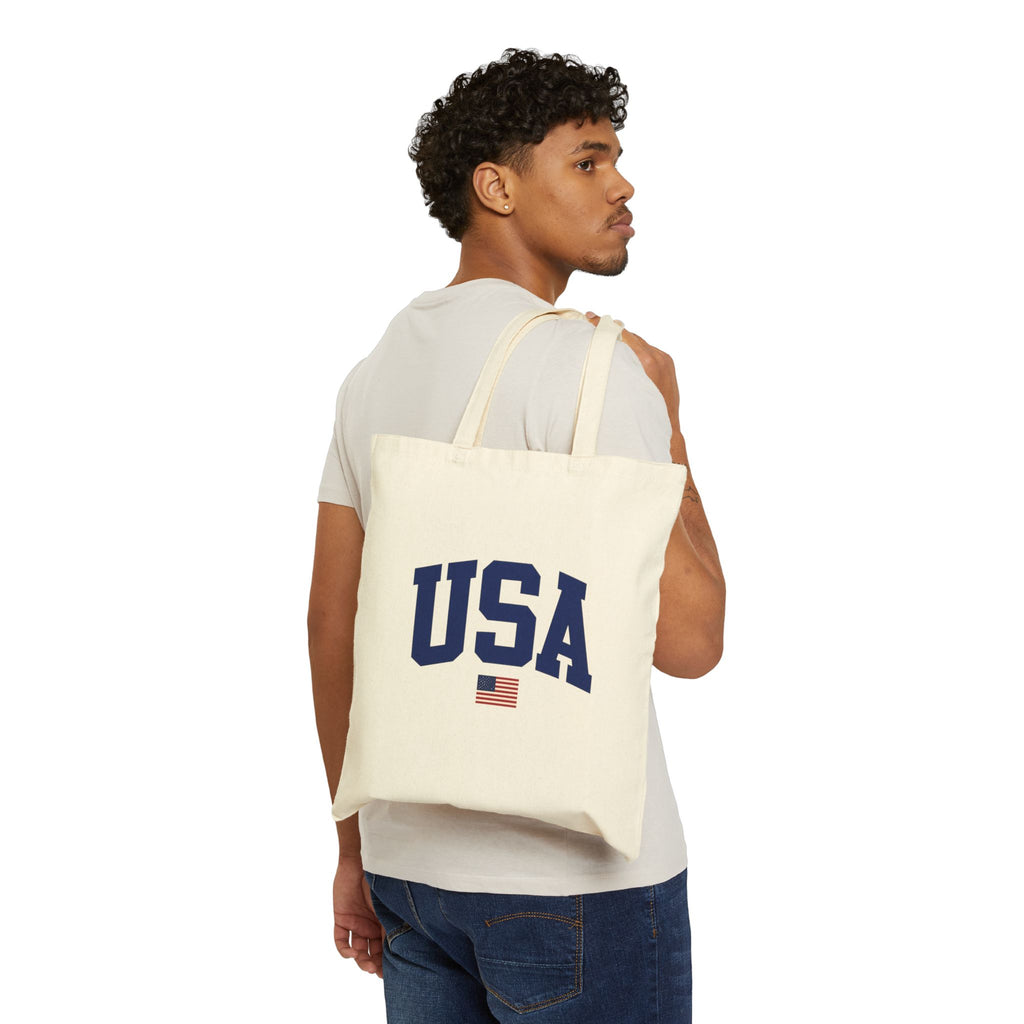 USA Canvas Tote Bag — Patriotic Cotton Grocery & Beach Tote with American Flag