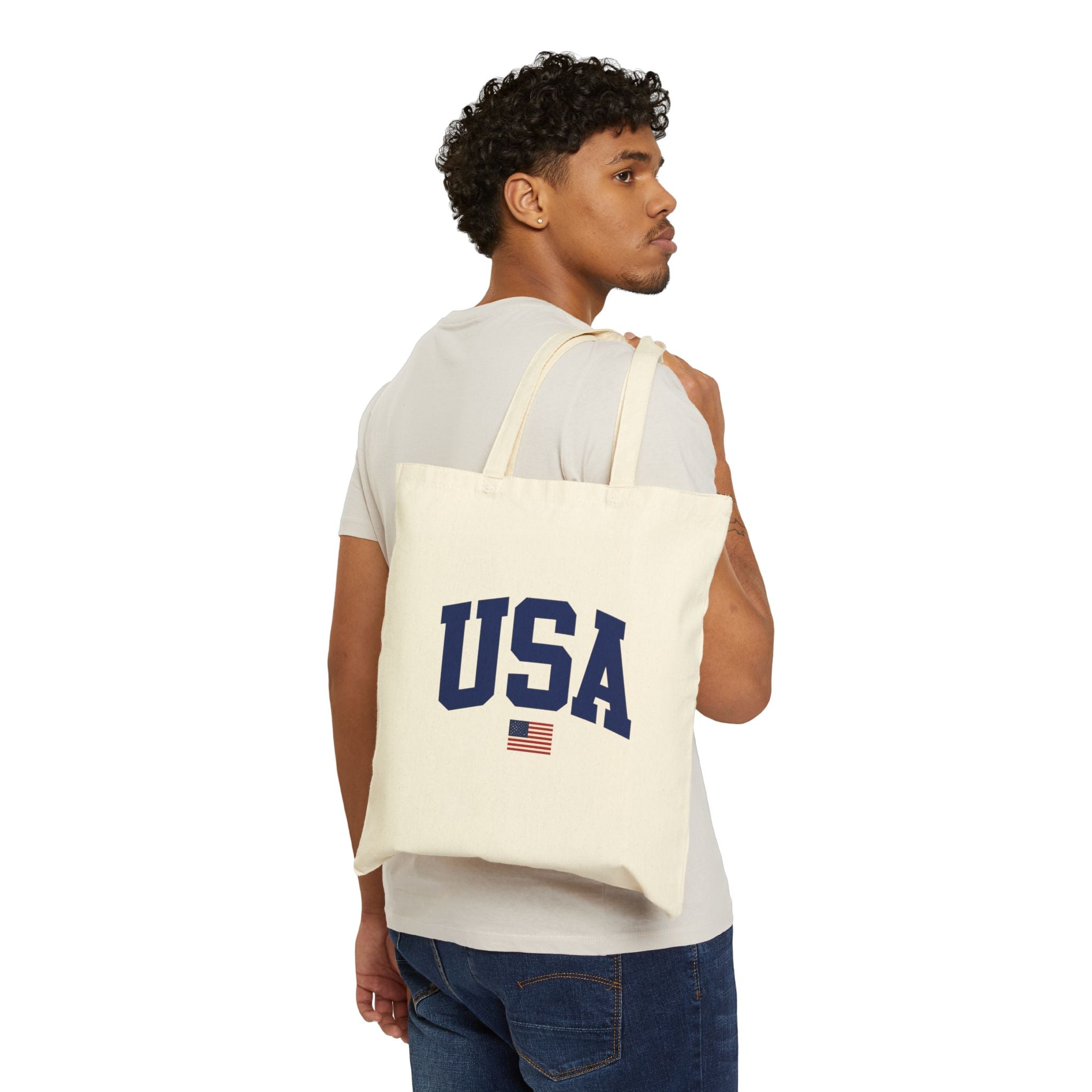 USA Canvas Tote Bag — Patriotic Cotton Grocery & Beach Tote with American Flag