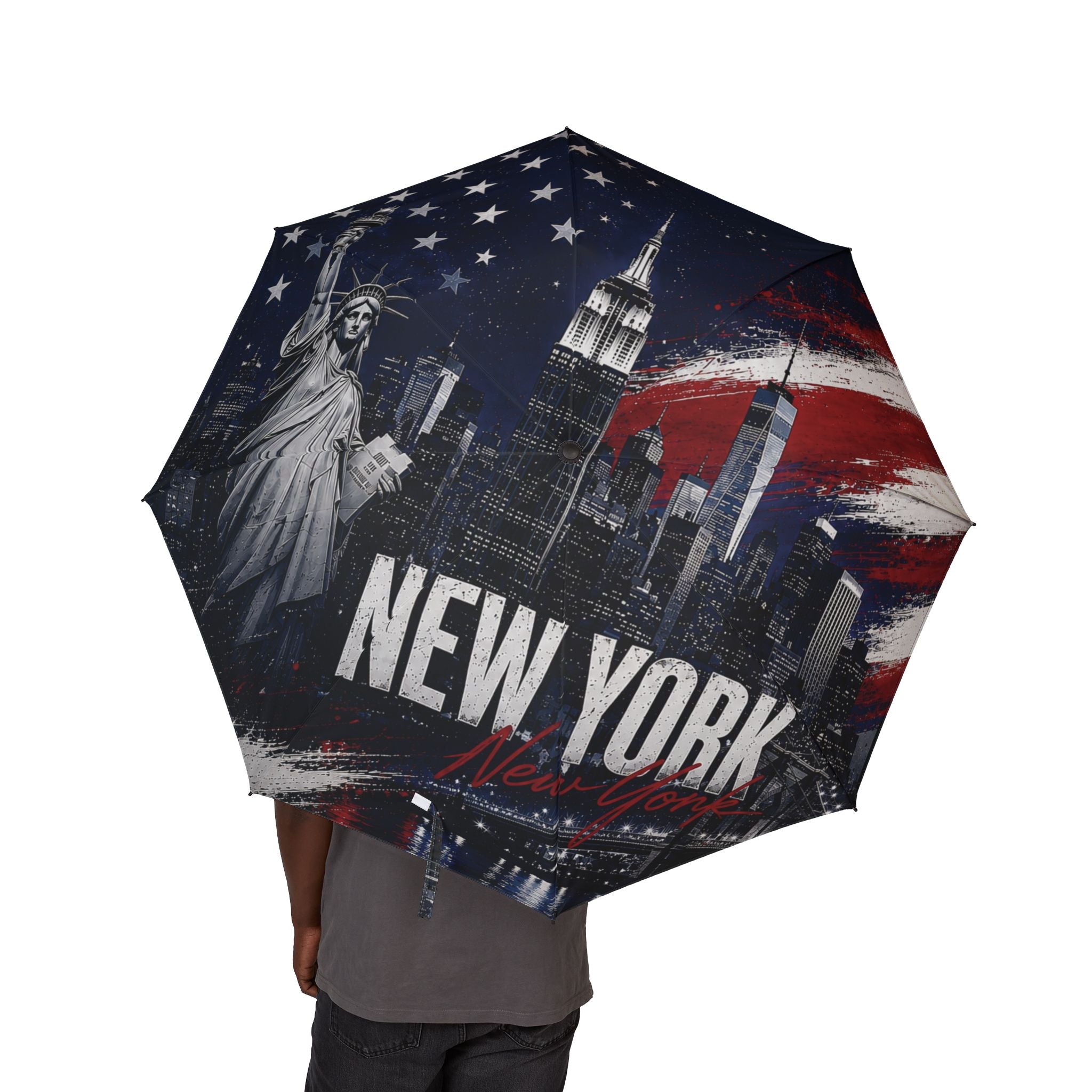 New York Flag Skyline Foldable Umbrella — Semi-Automatic Compact Travel Umbrella