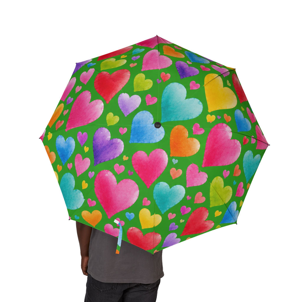 Foldable Umbrella — Colorful Watercolor Hearts Rain Umbrella