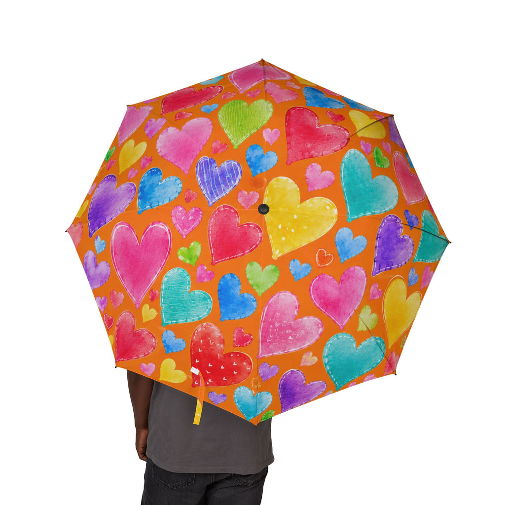 Colorful Heart Print Foldable Umbrella — Semi-Automatic Travel Rain Sun Umbrella