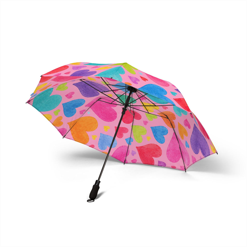 Foldable Umbrella — Colorful Watercolor Heart Print Compact Travel Umbrella