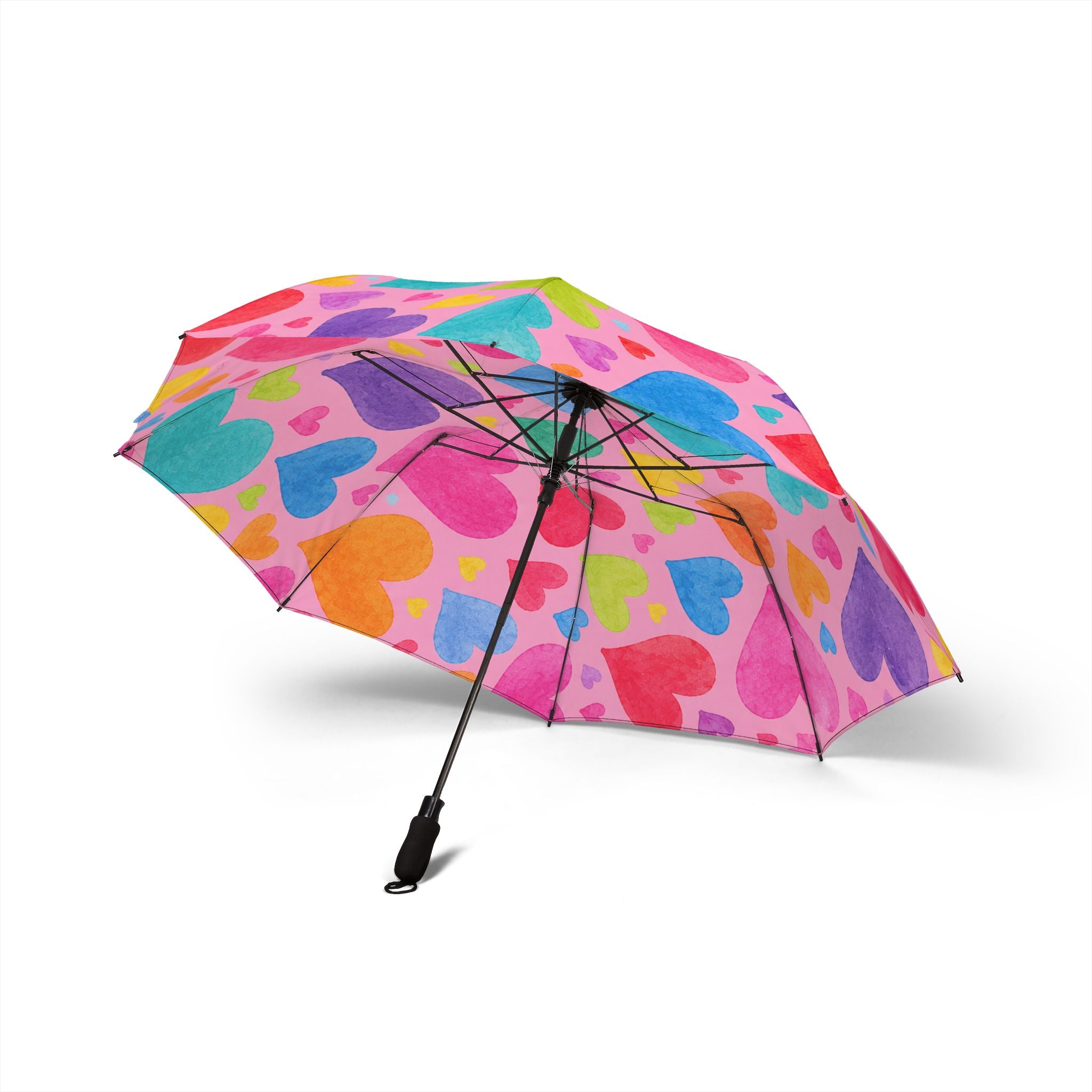 Foldable Umbrella — Colorful Watercolor Heart Print Compact Travel Umbrella