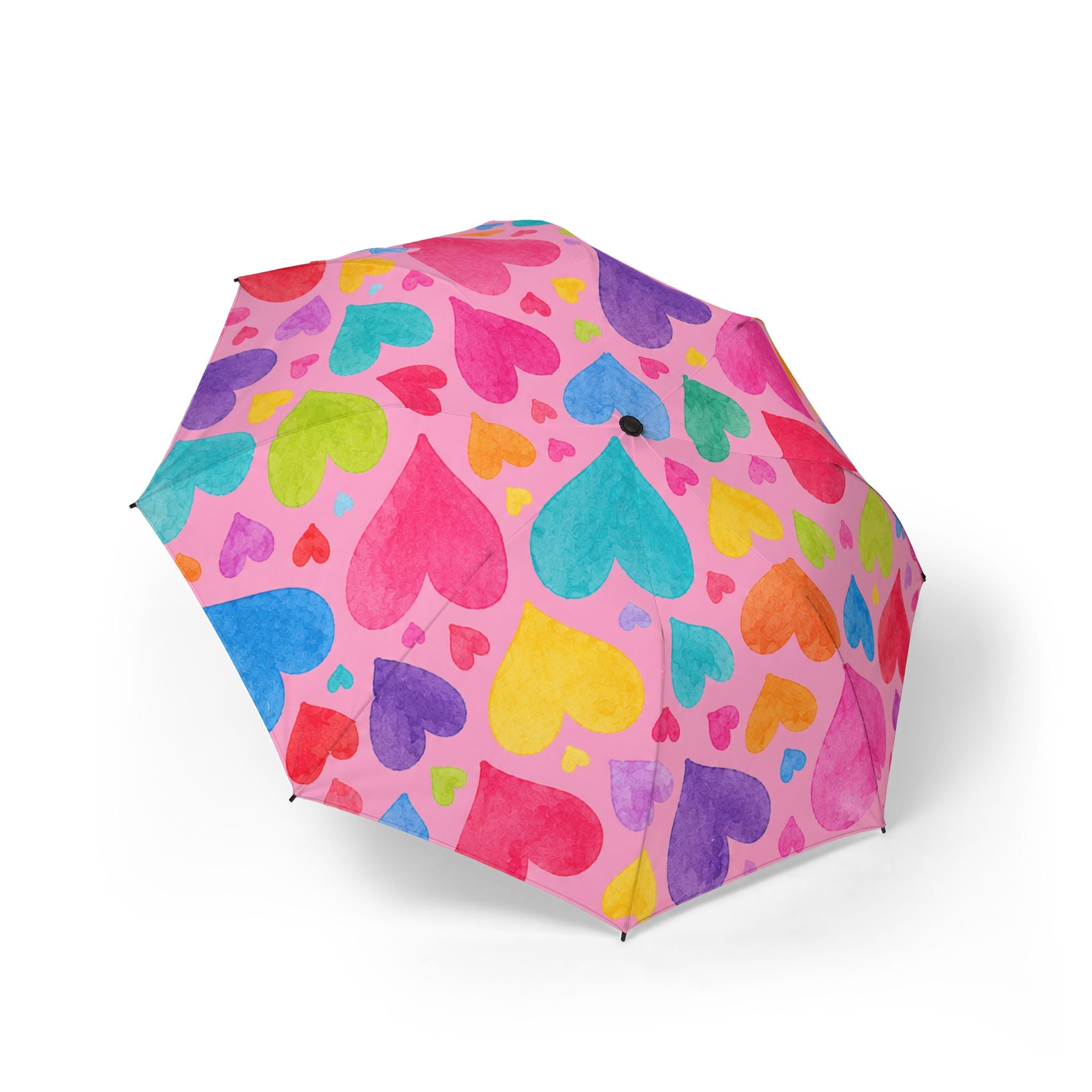 Foldable Umbrella — Colorful Watercolor Heart Print Compact Travel Umbrella