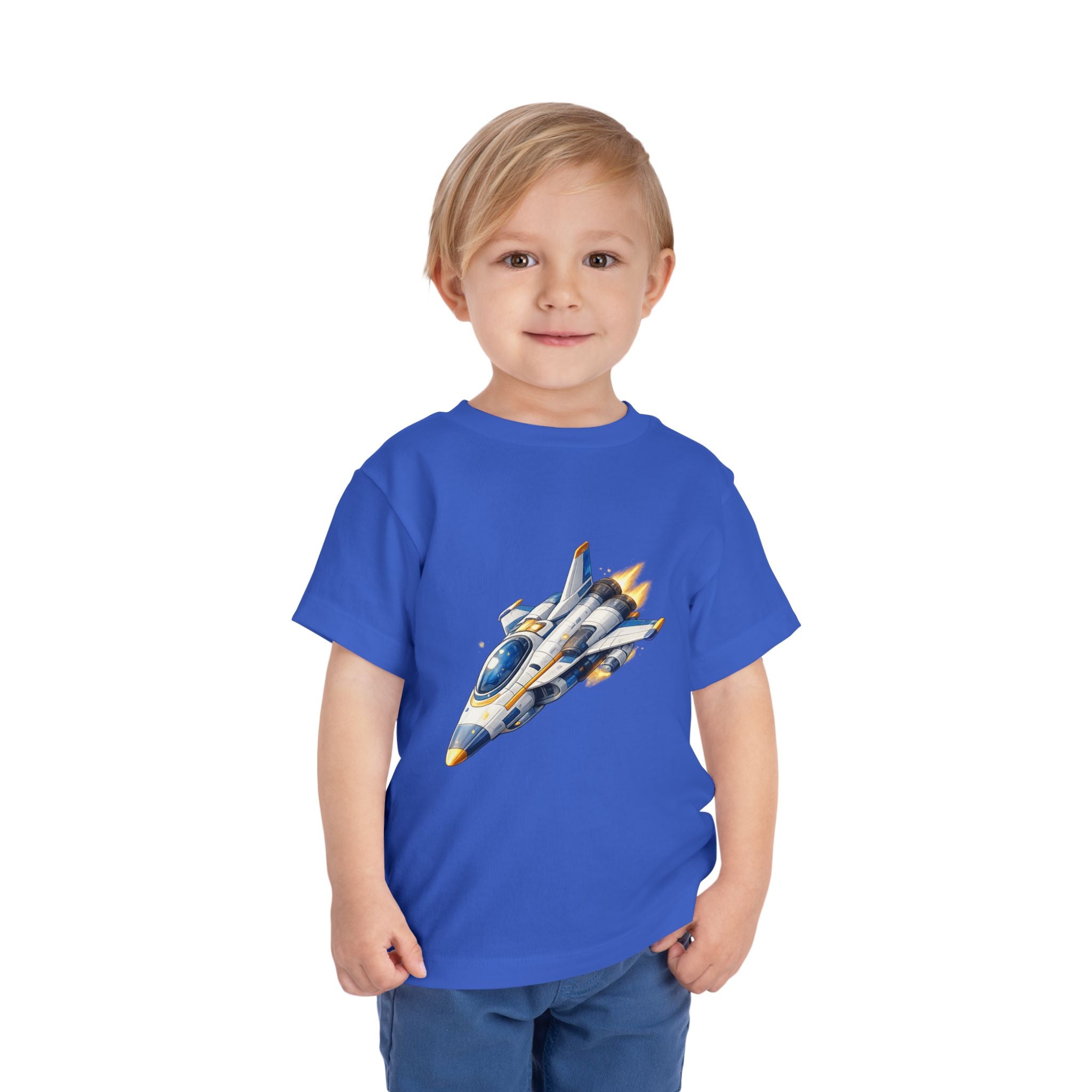 Toddler Tee — Blue & Yellow Spaceship Rocket Graphic