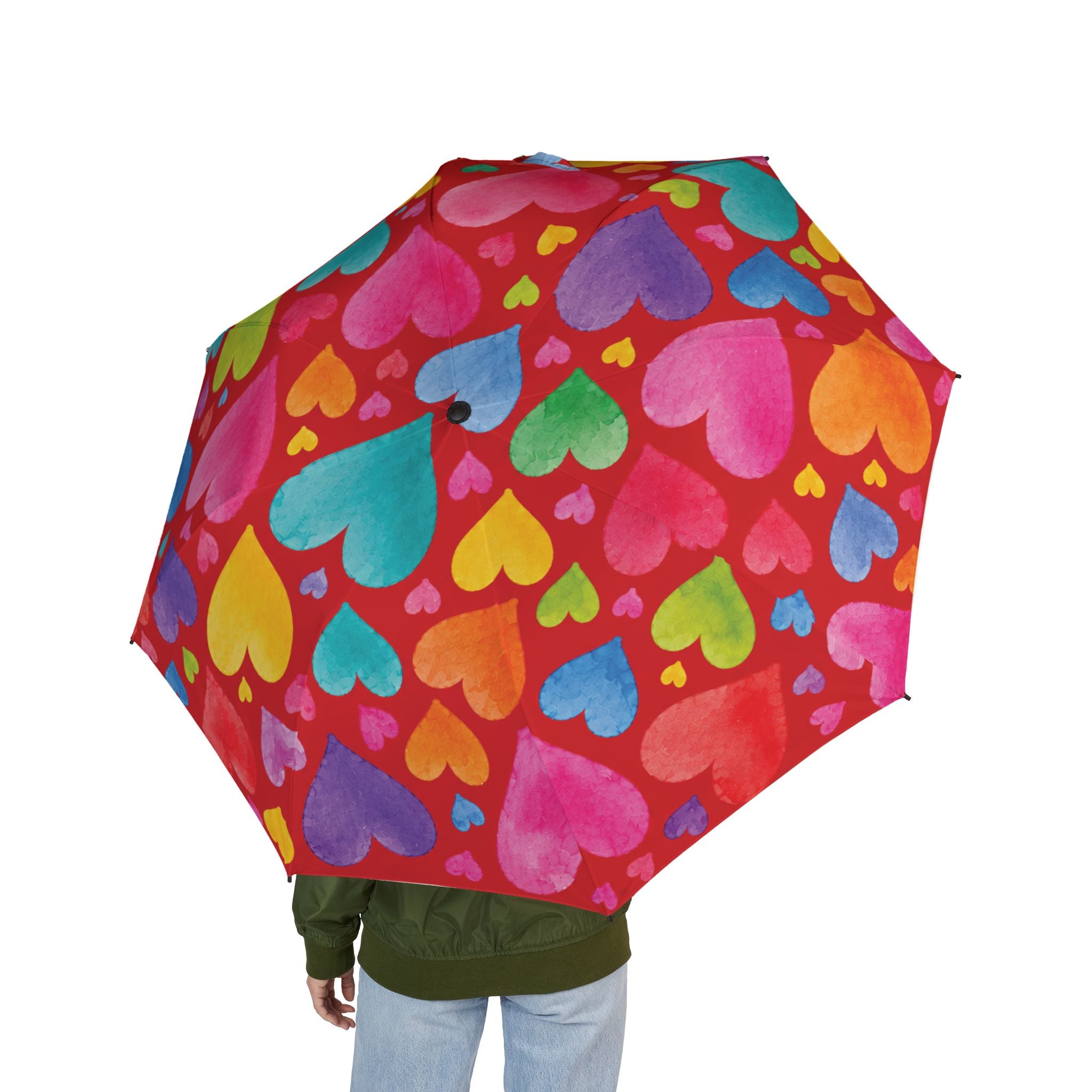Foldable Umbrella — Colorful Heart Pattern Semi-Automatic Compact Umbrella for Rainy Days, Travel & Gifts